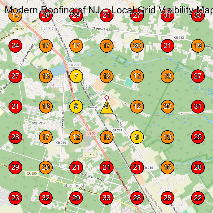 Modern Roofing of NJ GeoGrid visibility map for Roofing Contractor in Hammonton